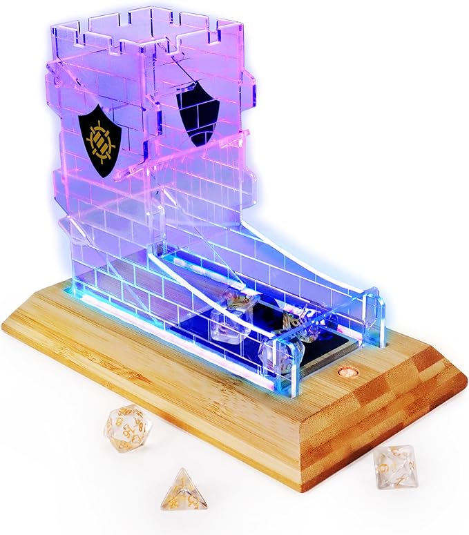 ENHANCE Tabletop LED Dice Tower with 7pc Dice Set for RPG Games - Clear Gaming Set, LED Lit Rolling Tray with Bamboo Base and Castle Tower Design, Roll Up to 14 at Once - Great for Game Night