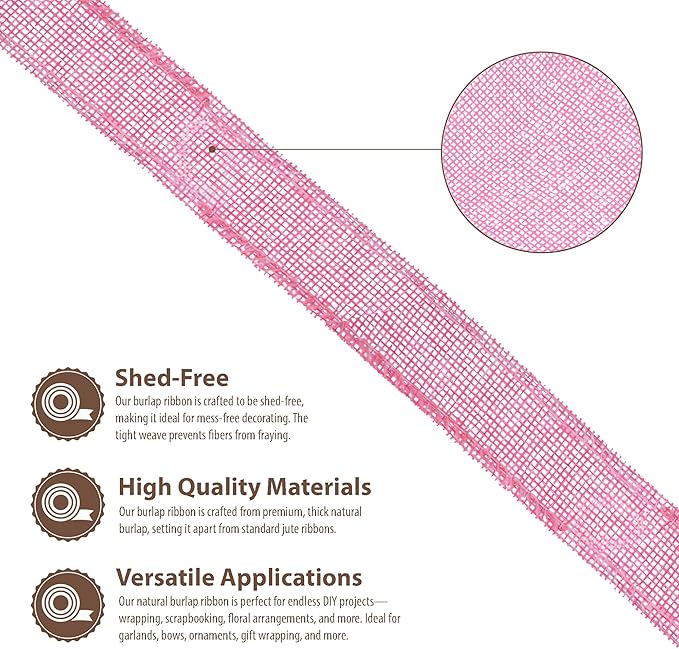 Mandala Crafts Pink Burlap Wired Ribbon 1 Inches Wide Jute Ribbons for Crafts - 10 Yds Roll Rustic Burlap Wrap Trim Ribbons for Wreaths Bows Party Decoration
