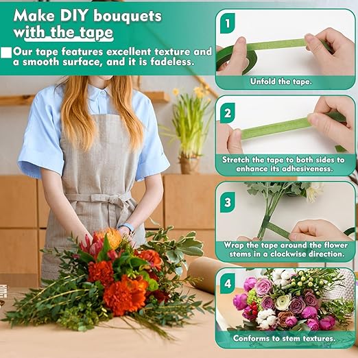 Flower Tape, Floral Tape for Bouquets, 1/2inch Green Flower Tape for Bouquet Stem Wrap Floral Arranging Craft Projects Corsages, Wedding Bouque