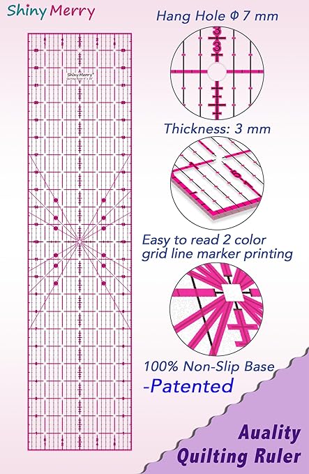 Quilting Ruler 6"x24",Non-Slip Clear Acrylic Sewing Ruler with Easy-to-Read Grid,Pink & Black Grid Design,Perfect for Fabric,Patchwork,Cutting & Sewing Crafts,Durable Tool for Quilting