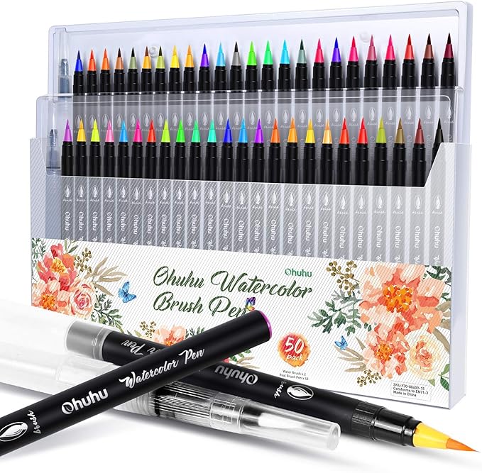 Professional Watercolor Brush Markers Pen 48 Colors of Ohuhu, Water Based Drawing Marker Brushes W/A Blending Aqua Pen, Water Soluble for Adult Coloring Books Comic Calligraphy