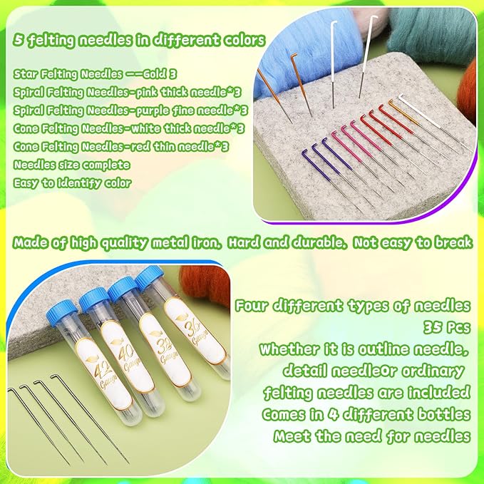 Mayboos Needle Felting Kit, 24 Colors Wool Roving Set, Needle Felting Kit with Felting Tool and Foam Mat Needle Felting Supplies for Beginner DIY Arts and Craft
