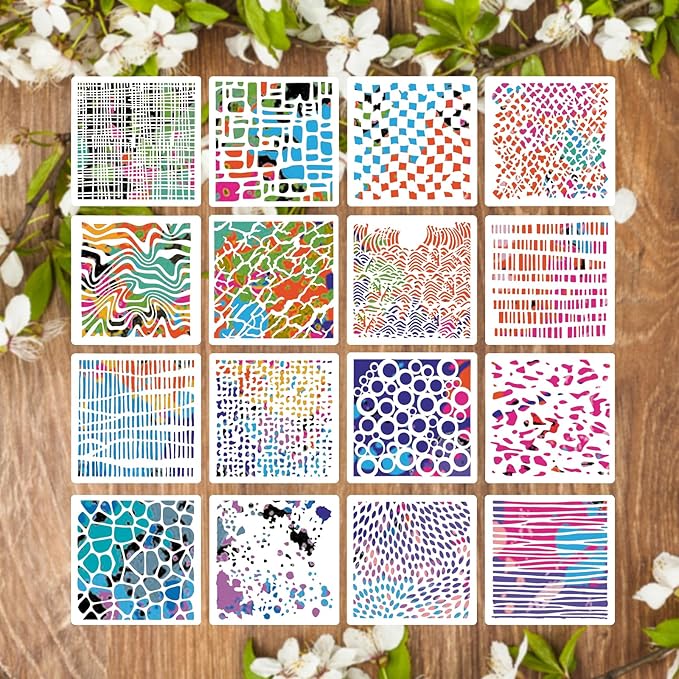 16Pcs Layering Stencils for Painting, 6"x6" Paint Stencils Mixed Texture Bubble Dot Waves Stone Crackle Splatter Geometric Stencil, Stencil for Painting on Wood DIY Art Crafts