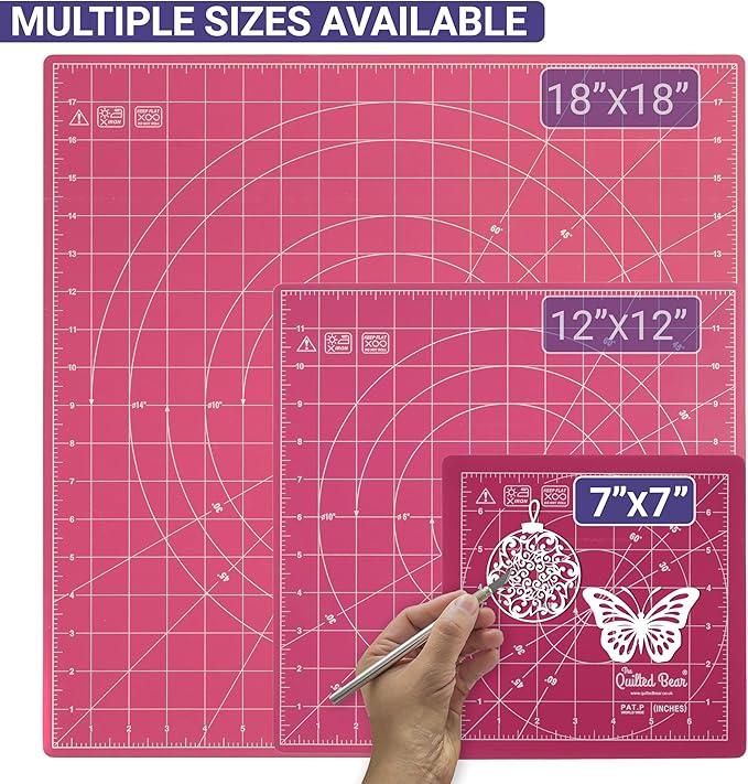 The Quilted Bear Rotating Cutting Mat 7" x 7" - Locking & Rotating Self Healing Cutting Board for Sewing, Fabric & Effortless Quilting - 360 Degree Sewing Supplies Mat for Craft Table (Pink)