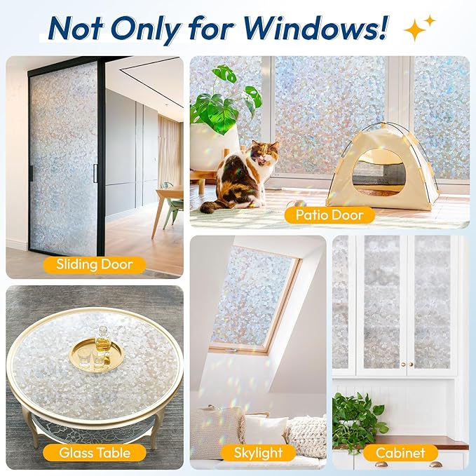 rabbitgoo Rainbow Window Privacy Film Decorative Stained Glass Diamond Pattern Window Sticker with Iridescent Tint Non-Adhesive Static Cling for Home Office Crystal Pattern, 23.6 x 118.1 inch