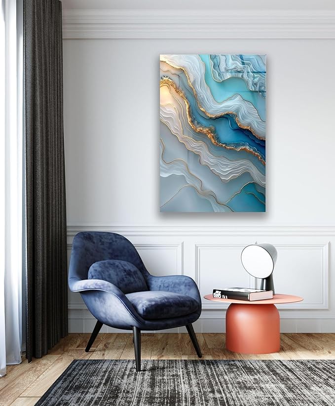 My Photostation.com Round 31,5'' Turquoise and Blue Alcohol ink Glass Wall Art Tempered Glass Printing Wall Decor Large Wall Art Wall Hangings