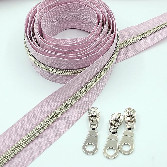 Leekayer #5 Metallic Nylon Coil Zippers by The Yard Bulk 10 Yards Light Gold Teeth Zipper Pink Tape with 25pcs Gold Sliders for DIY Sewing Tailor Craft Bag(Pink)
