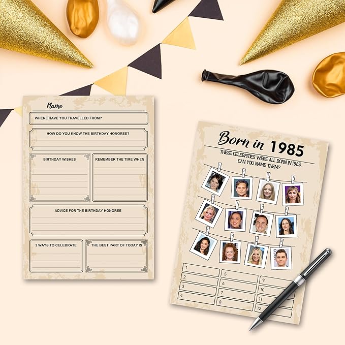 QUPT 40th Birthday Party Games, Set of 5 Activities for 10 Guests, Born in 1985 Games Bundle, Birthday Party Supplies for Adults, Pack of 50 Cards