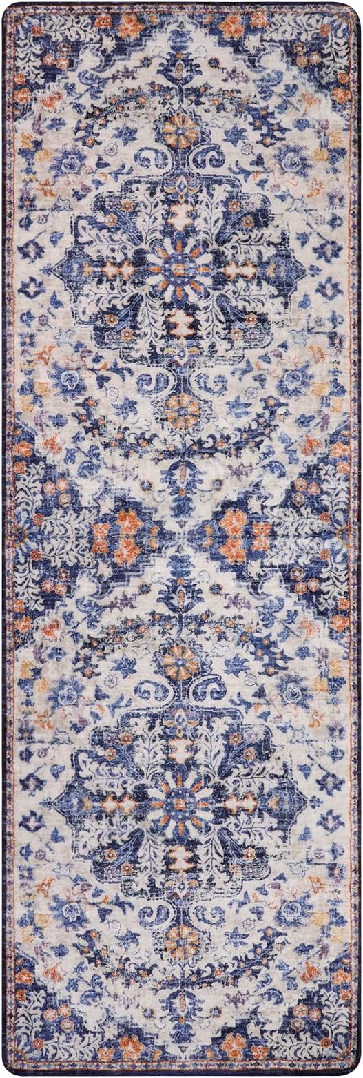 Lahome 2x6 Blue Washable Hallway Runner Rug, Bohemian Floral Medallion Kitchen Carpet Runner, Soft Non Skid Floor Runners for Bathroom Bedroom Vanity Office Sunroom