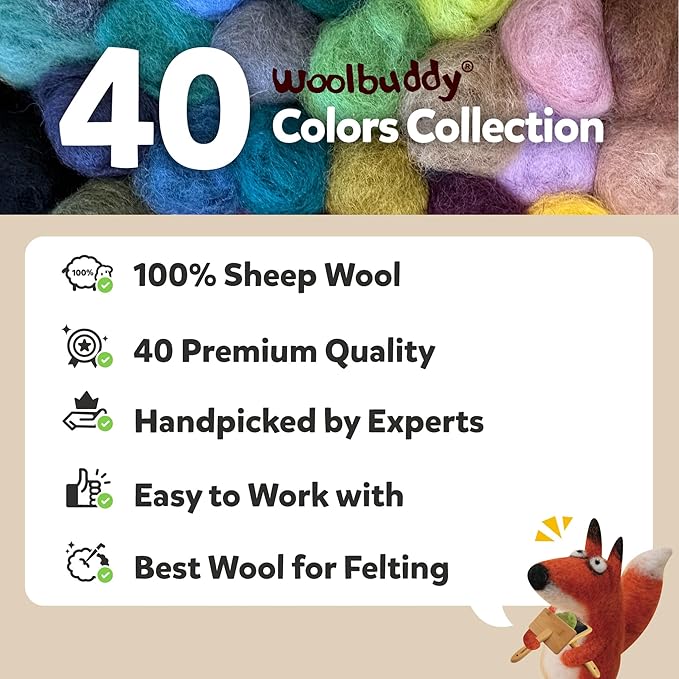 Woolbuddy Wool Roving Kit - 40 Vibrant Corriedale Wool Colors for Wet & Dry Felting – Soft, Carded Core Wool for Beginners & Artists – Premium Felting Supplies