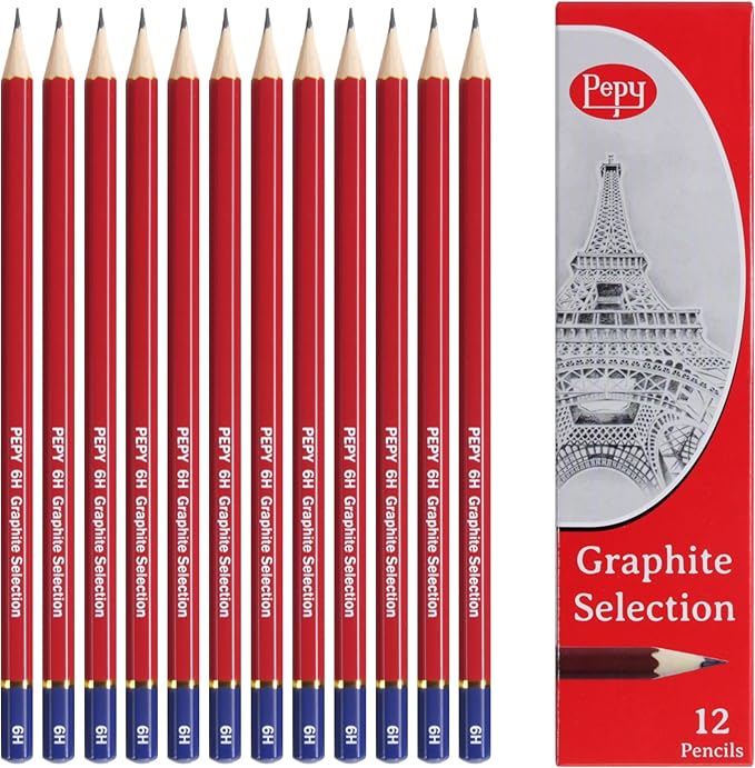 Pepy Graphite Professional Drawing Pencils - Set of 12 6H Pre-Sharpened Black Lead Pencils; Perfect for Drawing, Sketching and Shading, Graphic and Fine Art