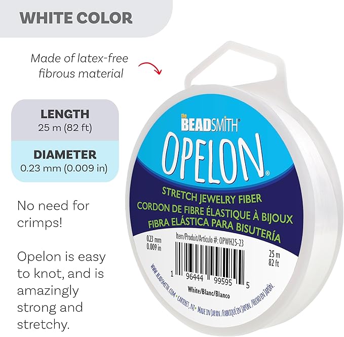 The Beadsmith Opelon Stretch Cord – Elastic Beading Fiber, White, 0.23 mm Diameter, 25 Meters (82 ft) Spool