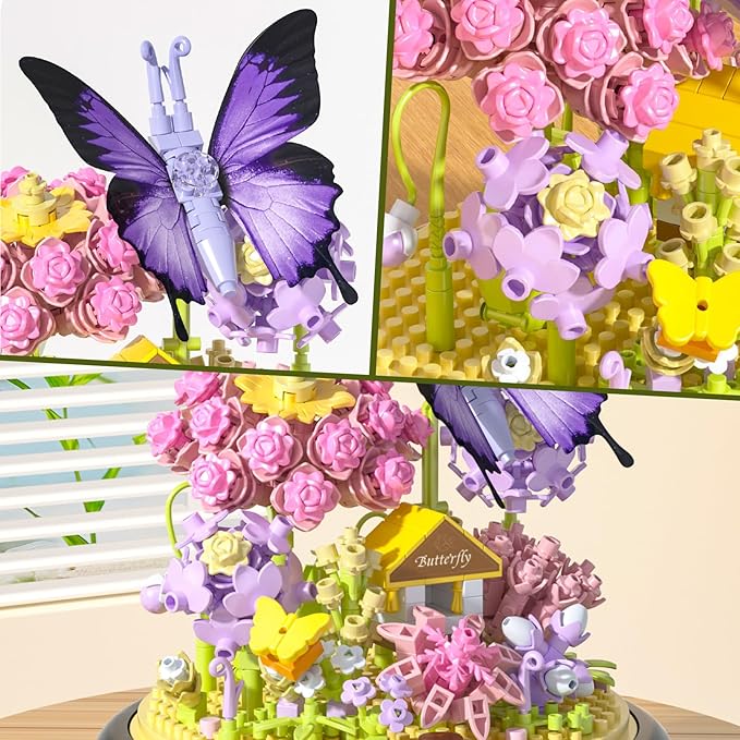 Flower Bouquet Building Set for Adults,582 PCS Animals Flowers Botanical Collection Mini Building Block Kit with Dust Cover,Butterfly Wildflower Bonzai Building Toys for Girl Women