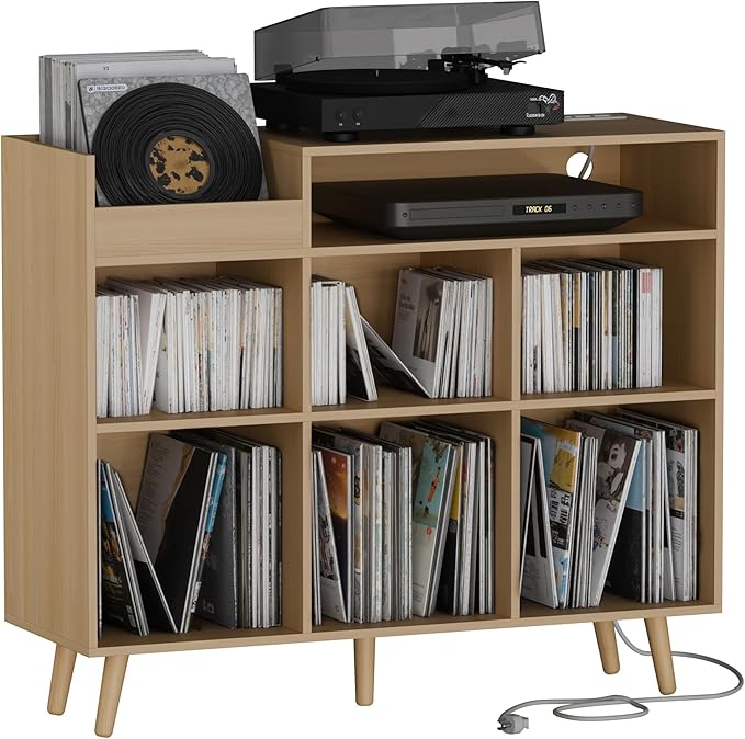 Cozy Castle Large Record Player Stand, Vinyl Storage Cabinet Mid Century Modern Turntable Stand Media Console Table Open Shelf Cube CD Album Holder Organizer for Living Room, Office, Oak