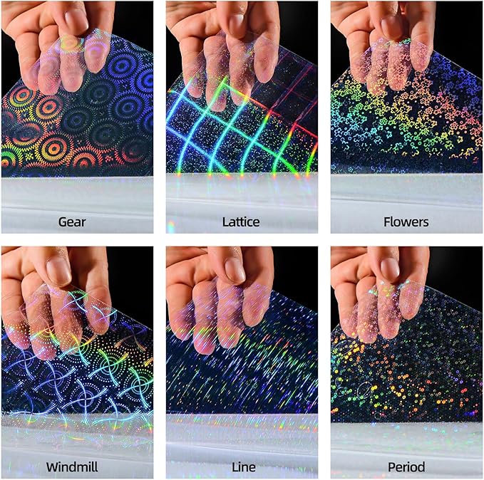 36 Sheets Holographic Sticker Paper, Clear Vinyl Laminate Film for Stickers Self-Adhesive, Transparent Overlay Lamination Sticker Paper Waterproof, 6 Patterns-8.5x11 Inch