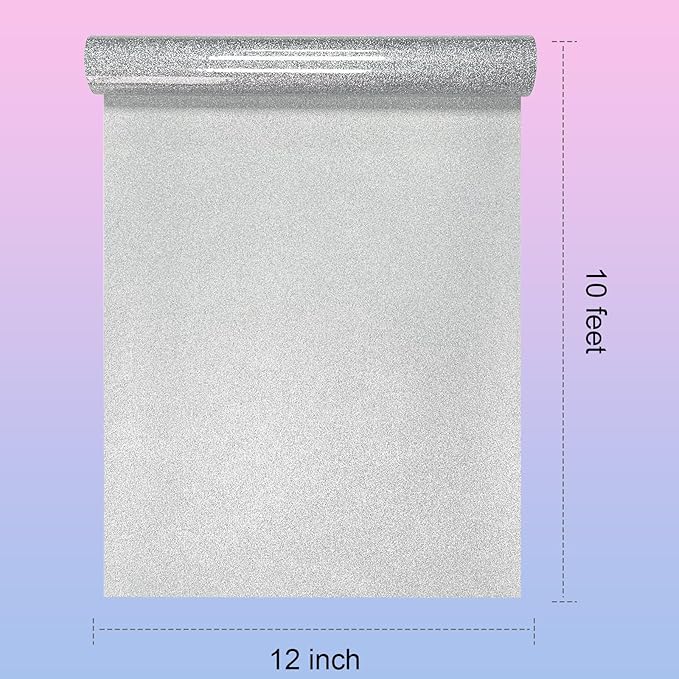 ASIMEROD Silver Glitter Heat Transfer Vinyl Rolls- 12" x 10ft. Silver Glitter Iron on Vinyl for DIY T-Shirts, Glitter for All Cutters, Heat Transfer Vinyl