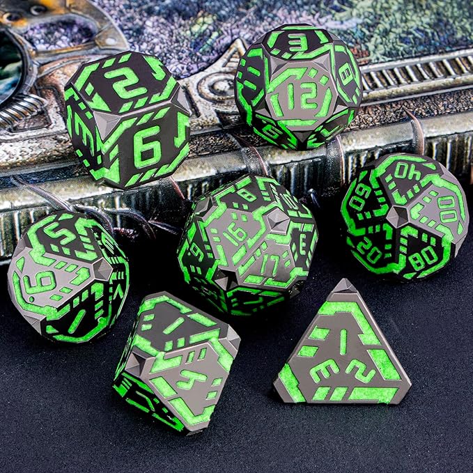 Metal DND Sci-fi Dice Set 7PCS Luminous Green Stripe Polyhedral Dice for Dungeons Dragons RPG Role Playing Game, Glitter D and D Dice with Gift Box D6 D8 D10 D12 D20