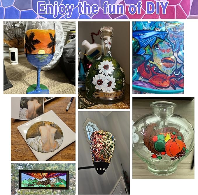 Colorful Acrylic Glass Paint Set with 6 Brushes, 1 Palette, 12 Colors Stain Glass Paints for Wine, Waterproof Acrylic Enamel Paint Kit to Create Translucent Arts on Porcelain, Window & Ceramic