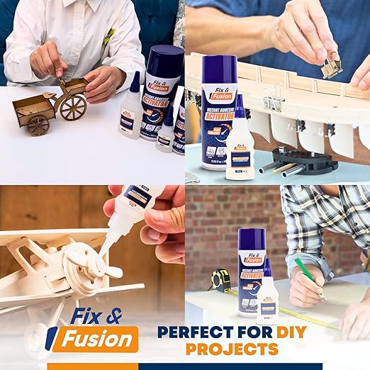 FIX & FUSION Ca Super Glue (1.77 Oz) with Activator Spray (6.76 Fl Oz) Set, Fast Adhesive/Cyanoacrylate Glue & Instant Activator for Woodworking, Plastic, Rubber, Granite, DIY & Industrial, (4 Pack)