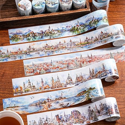 6 Rolls Landscape PET Tape Set,Self-Adhesive Transparent Tape Stickers for Scrapbook Supplies,Journaling,DIY Craft,Planner(Scenery Along The Way)