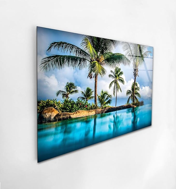 My Photostation.com 43Wx27H'' Island & Blue Sea Glass Wall ArtTempered Glass Printing Wall Decor Large Wall Art Wall Hangings