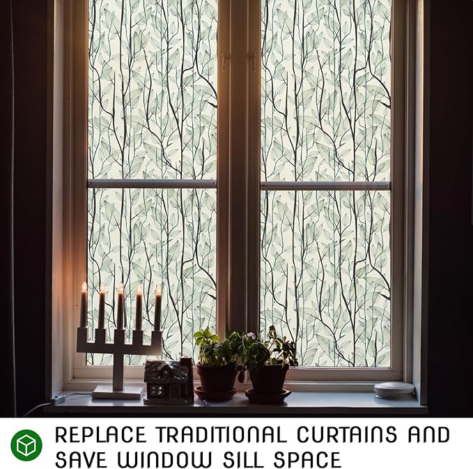 DKTIE Window Film Privacy with Installation Tools, Decorative Stained Glass Window Clings for Home, Static Cling Window Sticker for Front Door, Bathroom, Glass Door (Dark Green, 35.4'' x 118.1'')