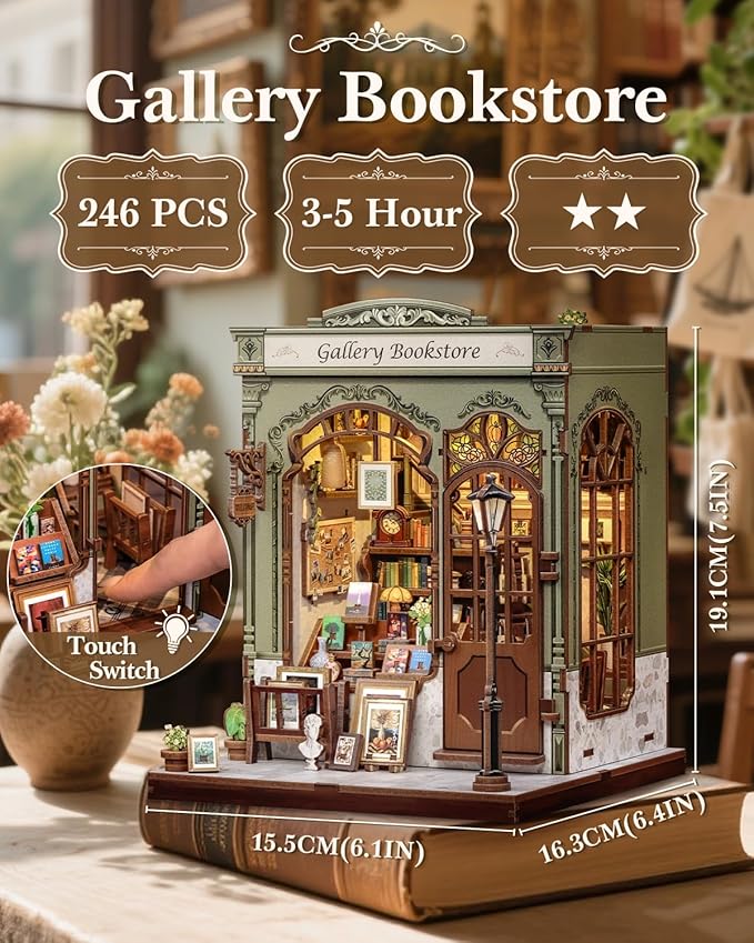 CUTEBEE Book Nook Kit - DIY Miniature House Dollhouse Kit for Adults, Booknook Library Bookstore Tiny House Bookshelf Decor 3D Wooden Puzzle, Gifts for Family and Friends (Gallery Bookstore)