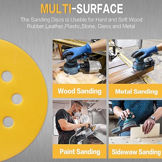 100PCS 5 Inch 8 Hole Sanding Discs 600 Grit,Gold Round Hook and Loop Sandpaper for Random Orbital Sander