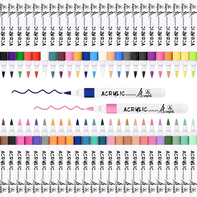 48 Color Acrylic Paint Markers - Premium Brush Tip Paint Acrylic Pens for Artists & DIY Crafters - Vibrant, Long-Lasting Markers for Rock, Ceramic, Wood, Canvas, Glass, Plastic, Calligraphy & Crafts