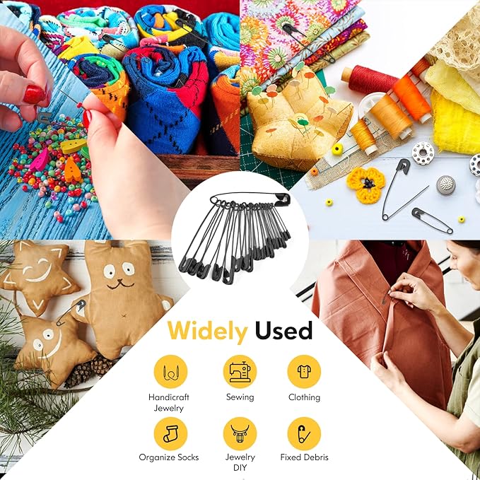 Safety Pins Assorted, 340 Pack Small & Large Heavy Duty Safety Pins for Clothes Sewing, 5 Different Sizes Pin Bulk, Arts and Crafts Supplies, Black