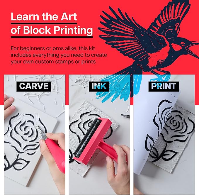 Linocut Printing Kit - Stamp Making Carving Tools - Crafts for Adults - Christmas Unique Gifts - Teen Boy Gifts - Birthday Gift Ideas for Women - Hobbies DIY Kits for Adults, Boys, Girls, Women, Men