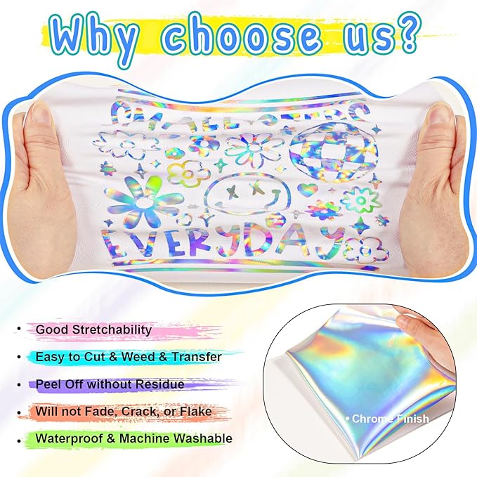 VINYL FROG Holographic HTV Vinyl Roll 12" x12ft Holographic Silver Metallic Heat Transfer Vinyl Iron on Vinyl Easy to Cut & Weed DIY Heat Press Design for T-Shirts