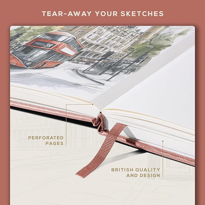 Beechmore Books A5 Sketch Book – 5.8"x8.3" Premium Vegan Leather Hardcover Sketchbook, 96 Thick 300gsm Perforated Ivory Pages, Ideal for Sketching, Watercolor & Mixed Media, Includes Back Pocket