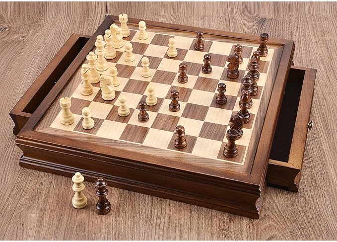 AMEROUS 12.8" x 12.8" Magnetic Wooden Chess Set with 2 Built-in Storage Drawers - 2 Bonus Extra Queens - Gift Packaging - Staunton Chess Pieces, Board Games Chess Sets for Adults and Kids