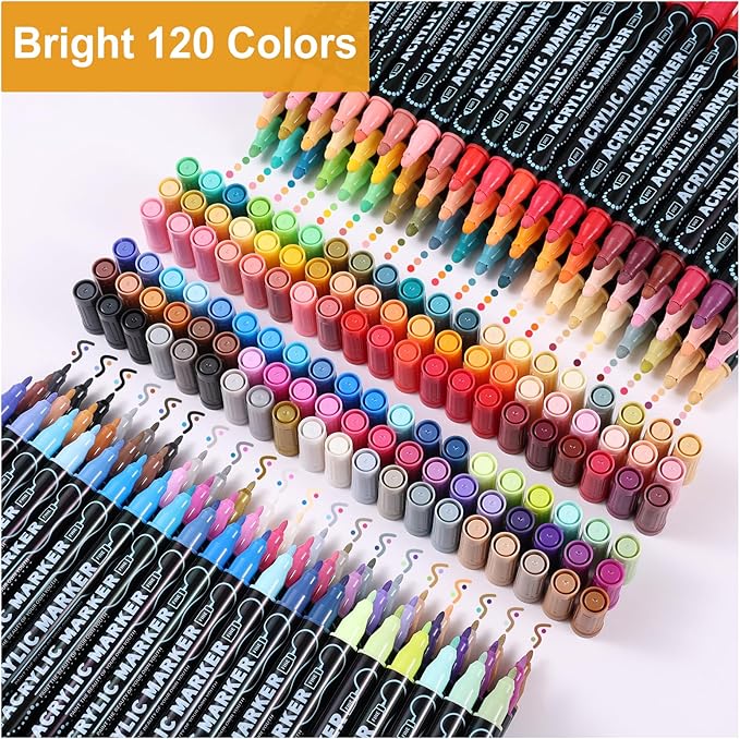 120 Colors Waterproof Dual Tip Acrylic Paint Pens, Dot & Fine Tip Premium Coloring Drawing Markers Set for Wood, Rock, Canvas, Glass, Ceramic Surfaces and DIY Crafts Making Art Supplies