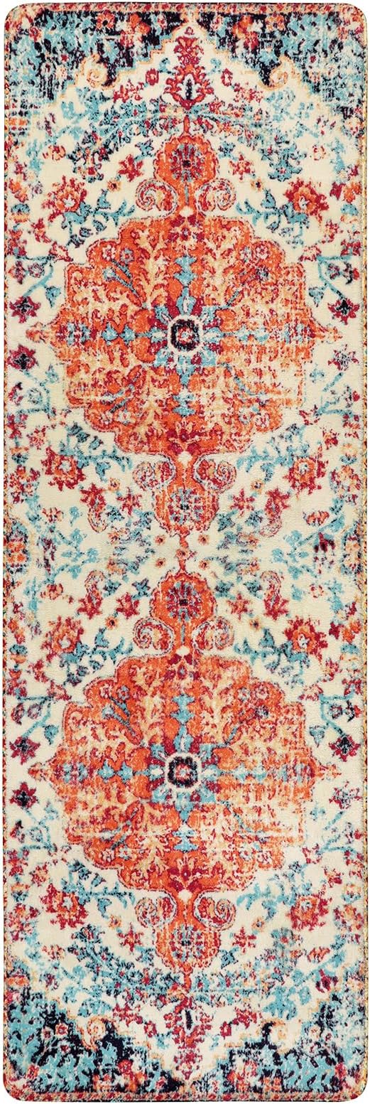 Lahome Floral Washable Kitchen Runner Rug - 2x6 Hallway Entryway Runner Rug, Oriental Medallion Distressed Non-Slip Mat, Bohemian Low-Pile Floor Carpet Runners for Bathroom Laundry Bedside, Orange