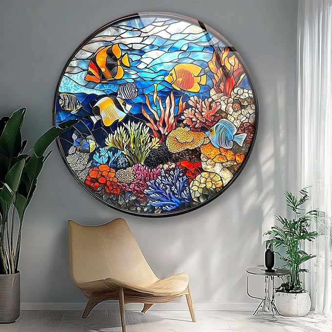 My Photostation.com 10''(25cm) Diameter Coral Reef Mosaic Round Glass Wall Art Tempered Glass Printing Wall Decor Large Wall Art Wall Hangings