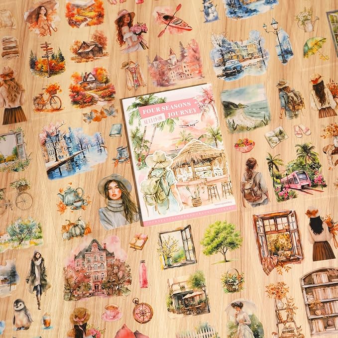 Seasons Journey Pre-Cut PET Sticker Set, 80 Sheets of Seasonal Travel-Themed Stickers for Scrapbooking, Journaling, DIY Crafts, and Junk Journal Ephemera