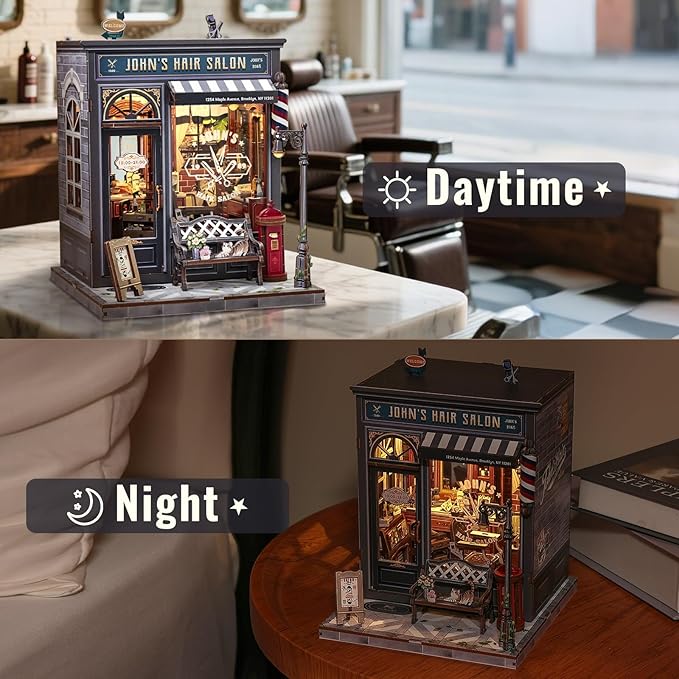 CUTEBEE Book Nook Kit - DIY Miniature House Dollhouse Kit for Adults, Booknook Hair Salon Barbershop Tiny House Bookshelf Decor 3D Wooden Puzzle, Gifts for Family and Friends (John's Hair Salon)