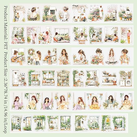 PET Tape Stickers for Junk Journal,6 Rolls Garden Stickers for Journaling Supplies,Pre-Cut Washi PET Tapes for Scrapbook Supplies, DIY Craft,Planner (Spring)