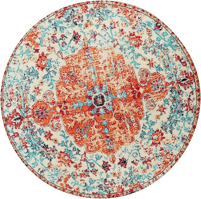 Lahome Bohemian Floral Medallion Round Rug - 4Ft Soft Bedroom Area Rug Oriental Distressed Washable Entryway Foyer Throw Mat Non-Slip Door Carpet for Dining Living Room Bedside Nursery, Orange/Multi