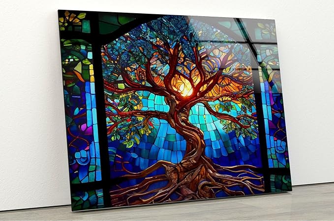 My Photostation.com 30Wx24H'' Stained Blue Life of Tree Glass Wall ArtTempered Glass Printing Wall Decor Large Wall Art Wall Hangings