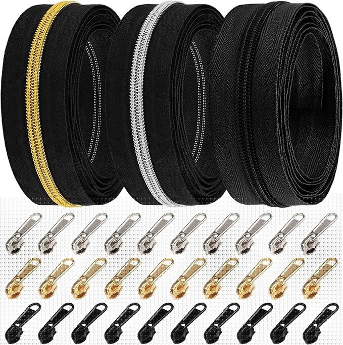 DOITEM 16.5 Yards 3-Piece Assorted Nylon Coil Zippers with 30 Sliders for DIY Tailoring and Crafts, Black