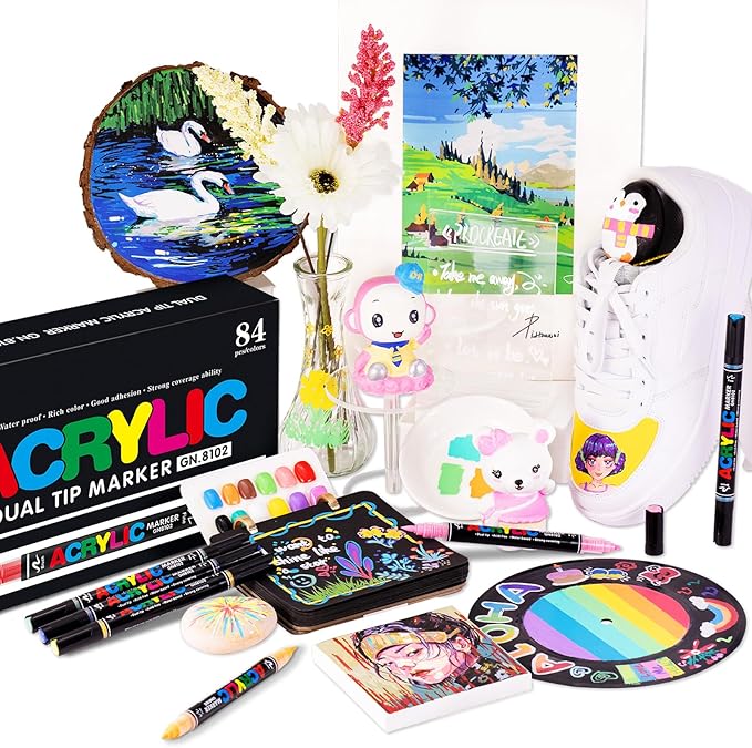 Guangna 120 Colors Acrylic Paint Markers, Dual Tip Paint Markers Pens Set with Soft Brush Tip, Multifunctional Fine Tip Markers for Wood,Canvas, Rock Painting,Glass,Diy Crafts Art Supplies, Waterproof