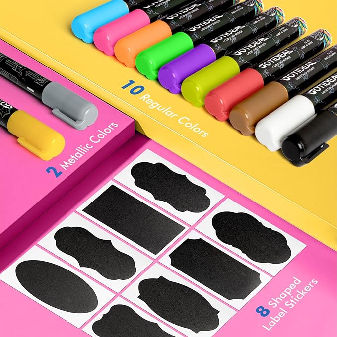 GOTIDEAL Chalk Markers, 12 Colors Liquid Chalk Markers for Blackboard Chalkboard Calendar Glass Neon Pens, Washable Window markers Paint and Drawing for Car, Auto, Bistro,Mirror Wet Erase Chisel Tip