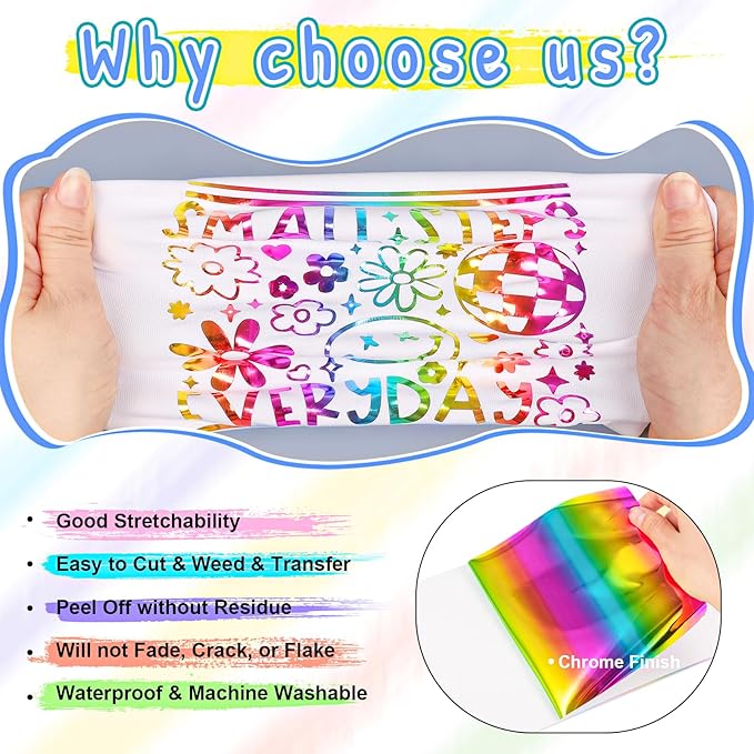 VINYL FROG Metallic Foil HTV Vinyl Roll 12" x12ft Rainbow Chrome Heat Transfer Vinyl Iron on Vinyl Easy to Cut & Weed DIY Heat Press Design for T-Shirts