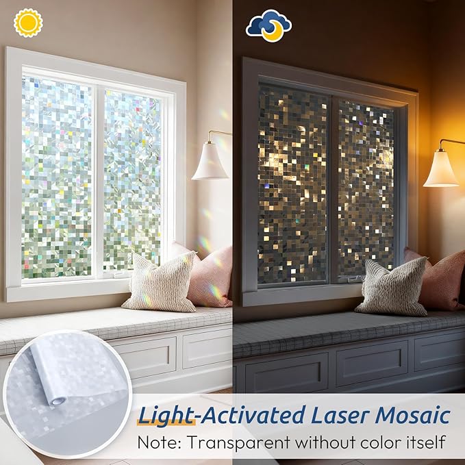rabbitgoo Stained Glass Window Privacy Film Mosaic Pattern, Frosted Glass Window Film Rainbow Decorative Sticker, Static Cling UV Blocking Suncatcher for Home, 23.6 x 78.7 Inches
