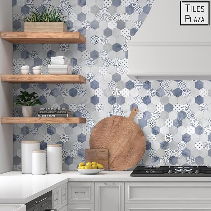 The Tiles Plaza 10-Sheet Peel and Stick Backsplash, Blue Cement Hexagon Stone Composite Marble Looks Self Adhesive Wall Tile, Stick On Tiles for Kitchen Bathroom Shower, Cover 9 Sq Ft.