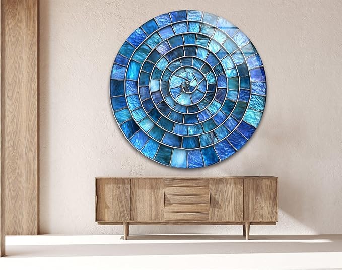 My Photostation.com 15.8''(40cm) Diameter Blue Aqua Spiral Harmony Round Glass Wall Art Tempered Glass Printing Wall Decor Large Wall Art Wall Hangings