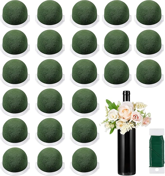 Tessco 24 Pcs Mini Floral Foam Holder Round Floral Foam with Green Arrangement Wire Arrangement Supplies for Table Wedding Wine Bottle Decor